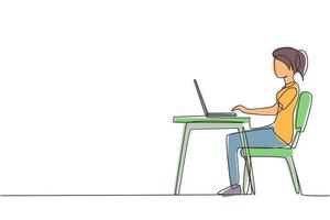 Continuous one line drawing young girl with laptop sitting on chair around desk. Freelance, distance learning, online courses, and studying concept. Single line draw design vector graphic illustration