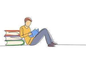 Single one line drawing young man reading, learning and backrest on big books. Study in library. Literature fans, education concept. Modern continuous line draw design graphic vector illustration