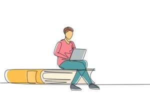 Single continuous line drawing young man studying with laptop and sitting on big book. Back to school, intelligent student, online education concept. One line draw graphic design vector illustration