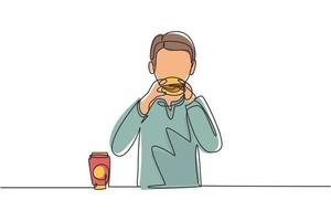 Single continuous line drawing Arabian boy having hamburger meal with hands around table. Enjoy and happy lunch when hungry. Delicious fast food. One line draw graphic design vector illustration