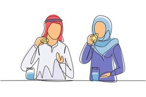 Single continuous line drawing Arabian couple having hamburger meal around table at restaurant. Happy teenagers talking, smiling and laughing together. One line draw graphic design vector illustration