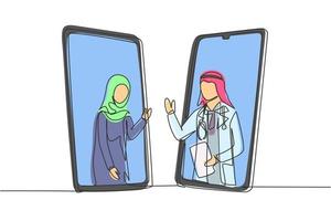 Una línea continua dibujando dos teléfonos inteligentes cara a cara y contienen una paciente hijab y un médico árabe con sus cuerpos como si salieran de un teléfono inteligente. gráfico vectorial de diseño de dibujo de una sola línea vector