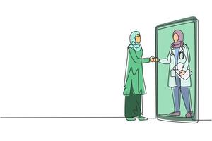 Continuous one line drawing hijab female patient shaking hands with female doctor in smartphone holding clipboard. Online medical consultation. Single line draw design vector graphic illustration