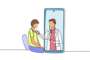 Single continuous line drawing male doctor comes out of smartphone screen and checks male patient's heart rate using a stethoscope sitting on chair. One line draw graphic design vector illustration