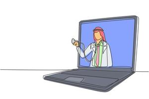 Un médico árabe de dibujo continuo de una línea sale de la pantalla del portátil sosteniendo un estetoscopio. servicios médicos en línea, concepto de consulta médica. Ilustración gráfica de vector de diseño de dibujo de una sola línea