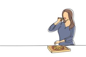 dibujo de una sola línea mujer joven con comida de espaguetis con tenedor. feliz y disfrutar del almuerzo en el restaurante. comida deliciosa y saludable. Ilustración de vector gráfico de diseño de dibujo de línea continua moderna