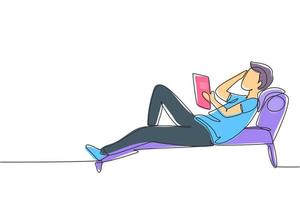 dibujo de línea continua única joven leyendo, aprendiendo y recostado en un sofá reclinable. aficionados o amantes de la literatura. concepto de educación. Ilustración de vector de diseño gráfico de dibujo de una línea dinámica