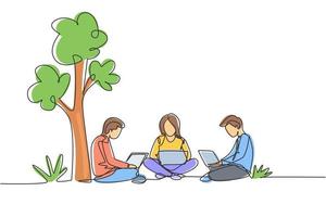 Single one line drawing three students studying with laptop and sitting at the park together. Back to school, online education concept. Modern continuous line draw design graphic vector illustration