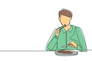 Continuous one line drawing young man having steaks meal with fork and knife around table. Enjoy lunch at restaurant. Delicious and healthy food. Single line draw design vector graphic illustration