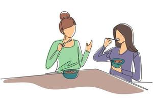 Single continuous line drawing mom and daughter having cereal meal together around table. Happy and enjoy breakfast at home. Tasty and healthy food. One line draw graphic design vector illustration