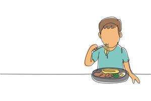 Single continuous line drawing boy having spaghetti meal with chopsticks around table. Enjoy lunch when hungry. Delicious and healthy food. Dynamic one line draw graphic design vector illustration