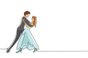 dibujo de una sola línea hombre y mujer romántica bailarina profesional pareja bailando tango, bailes de vals en la pista de baile del concurso de baile. Ilustración de vector gráfico de diseño de dibujo de línea continua moderna