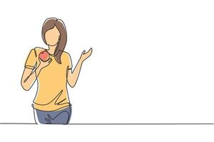 dibujo de línea continua única mujer joven con comida de frutas con la mano. feliz y disfrutar del postre en el restaurante. comida deliciosa y saludable. Ilustración de vector de diseño gráfico de dibujo de una línea dinámica