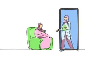 Single continuous line drawing hijab female patient sitting curled up on sofa, using blanket, holding mug and there is female doctor walking out of smartphone, holding clipboard. One line draw graphic vector