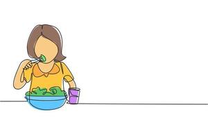 Single one line drawing girl having salad meal with fork around table. Happy and enjoy breakfast in morning. Delicious and healthy food. Modern continuous line draw design graphic vector illustration