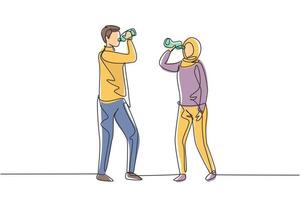 Single continuous line drawing couple of Arabian teenagers standing while enjoying a bottle of fresh water after exercise together. Healthy lifestyle. One line draw graphic design vector illustration