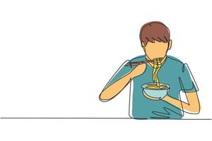 Single continuous line drawing young man having noodles meal with chopsticks around table. Enjoy lunch when hungry. Delicious and healthy food. Dynamic one line draw graphic design vector illustration