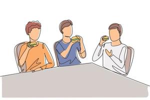 Single continuous line drawing young fun and smiling men together. Friends eating fast food meal in restaurant. Happy people sitting and having dinner hamburgers. One line draw graphic illustration vector