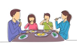 Single continuous line drawing family eating meal around kitchen table. Happy daddy, mom and two kids sitting eating healthy lunch in home. Dynamic one line draw graphic design vector illustration