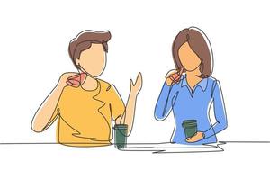 Continuous one line drawing young couple having hamburger meal around table at restaurant. Happy teenagers talking, smiling and laughing together. Single line draw design vector graphic illustration