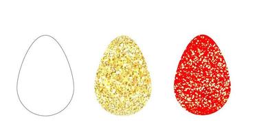 Hand-drawn eggs. Gold and red glitter eggs. Holiday decoration for easter holiday vector