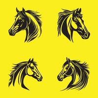 Cute Horse face Icon set black outline vector isolated on yellow background, horse head vector drawing