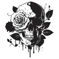 Skull With Rose Flower Black Outline Vector. Human skull with rose sketch drawing, tattoo vector illustration isolated on white background