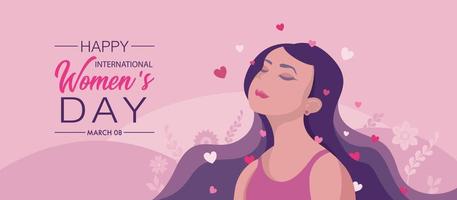 internacional mujer s día saludo tarjeta. mujer con ojos cerrado y cabeza arriba con corazones viniendo fuera de su pelo en rosado y púrpura colores con flores en el rosado antecedentes. vector imagen