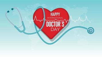HAPPY INTERNATIONAL DOCTOR S DAY Greeting card. Stethoscope surrounding a red heart with white line of vital signs on a world map. Vector image