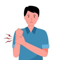 Young man having arm pain in flat design on white background. Physical injury. Muscle or bone problem. vector