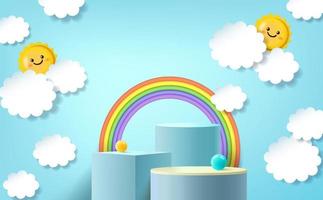 3d podium on colourful background with clouds and cute rainbow, kids product display. vector