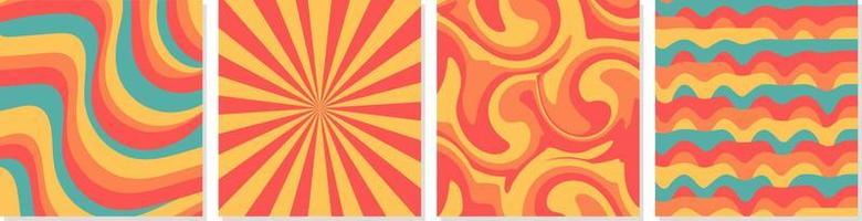 Groovy bright background. Starburst rays, colorful funky waves  with  warped  lines  in  60s 70s flat style. vector