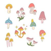 Groovy  set of hippie  mushrooms doodle style  in  60s 70s . vector