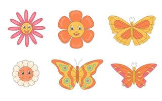 Groovy  set of hippie bright butterflies and daisy flowers in  60s 70s flat style. vector