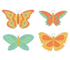 maravilloso conjunto de hippie brillante mariposas en 60s 70s plano estilo. vector