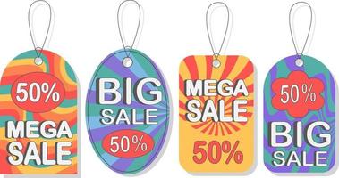 Groovy  set of price tags, label with hippie sale on bright background  style  in  60s 70s . vector