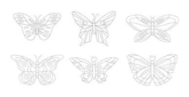 Groovy  set of hippie  butterflies line style  in  60s 70s . vector