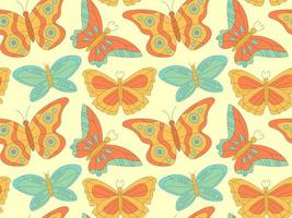 Groovy  pattern with hippie bright butterflies  on yellow background  in  60s 70s flat style vector