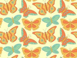 Groovy  pattern with hippie bright butterflies  on yellow background  in  60s 70s flat style vector