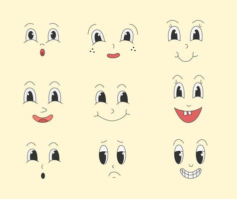 Set of Groovy  emotion face in  60s 70s flat style