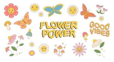 Groovy  set of hippie  mushrooms and daisy flower and butterfly flat style  in  60s 70s . vector
