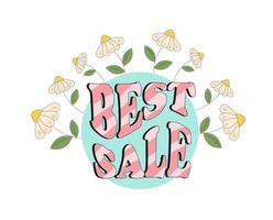 Groovy banner sale with hippie daisy flower  and text in  60s 70s flat style vector