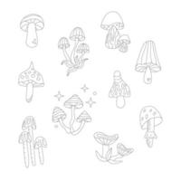 Groovy  set of hippie  mushrooms line style  in  60s 70s . vector