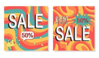 Groovy retro banners with discount text on wavy abstract background  in  60s 70s flat style vector