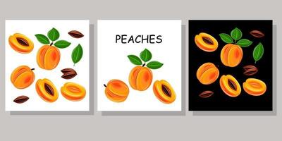 Bright vector set of colorful half, slice and whole of juicy peach. Fresh cartoon peaches isolated on white background. Juice or jam logotype.