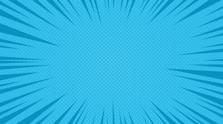 Comic retro pop art burst background. Blue vintage flash halftone frame. Cartoon retro starburst backdrop with dots and stripes. Abstract vector illustration in pop art style