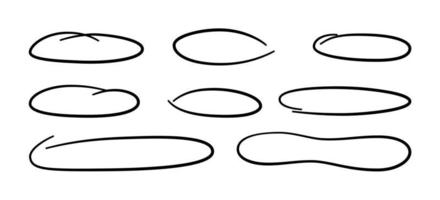 Hand drawn long circle ovals set. Ellipses of different widths. Highlight circle frames. Elipses and ovals in doodle style. Set of vector illustration isolated on white background