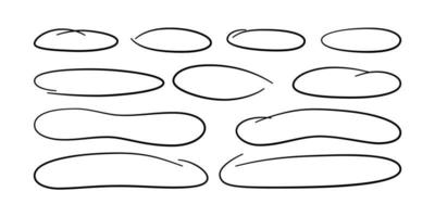 Hand drawn long circle ovals set. Ellipses of different widths. Highlight circle frames. Elipses and ovals in doodle style. Set of vector illustration isolated on white background