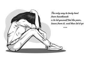 Drawing of Lonely sad girl and hug his knees sitting on the floor. vector