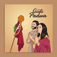 Indian couple illustration performing Gudi Padwa pray vector